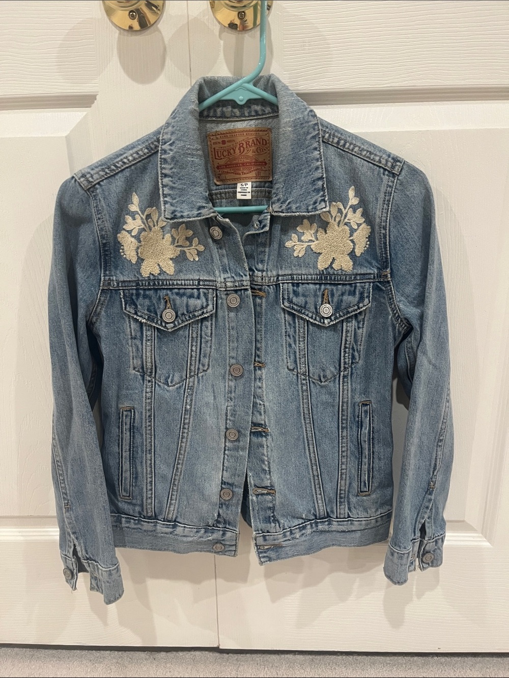 Lucky Brand Light Blue Denim Jacket with Cream Floral Embroidery